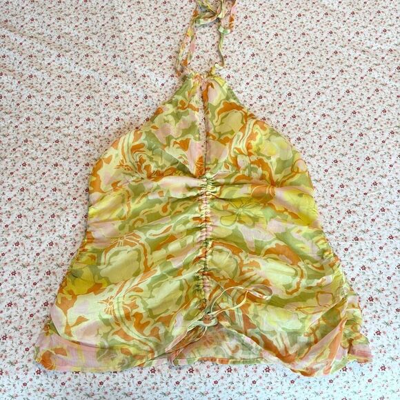 Free People Kyle Printed Top Halter Smocked Citrus Combo Drawstring - Picture 3 of 5